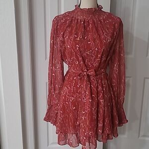 Boho Ruffled Layered Mock Neck Smock Puffy Flowy Mini Dress sz L